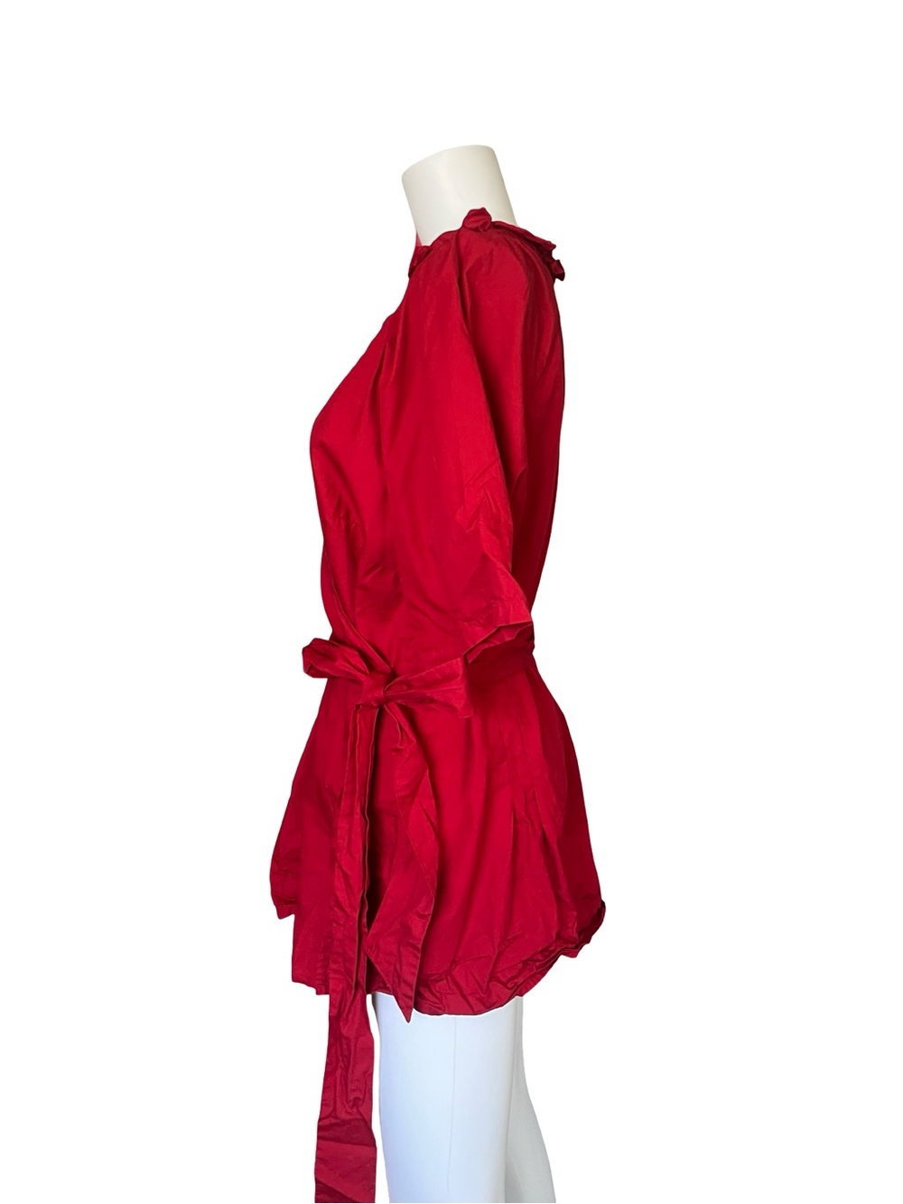 Eshakti Red Wrap Blouse Cotton Ruffle Short Sleeve Polished Old Money Feminine - Picture 3 of 9